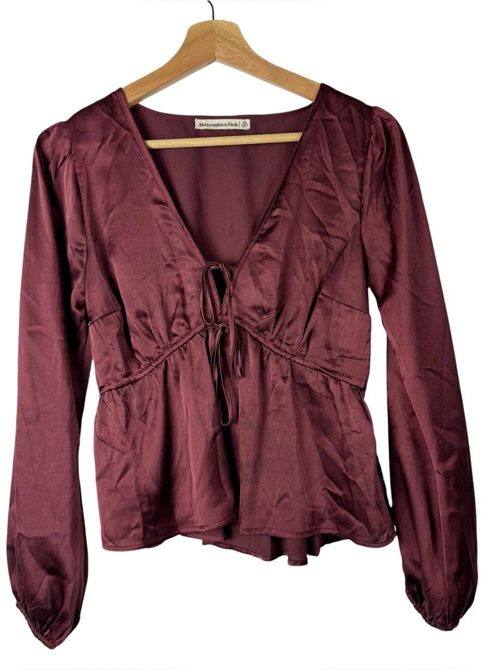Abercrombie & Fitch Burgundy Red Tie Front Babydoll Satin Long Sleeve XS